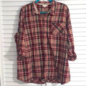 Pink and burgundy plaid button-up shirt.